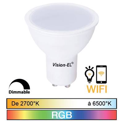Ampoule LED GU10 5W connectée WIFI CCT + RGB + Blanc 2700K à 6500K