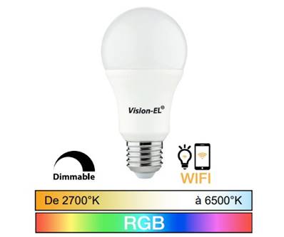 Ampoule LED 12W connectée WIFI CCT + RGB + blanc 2700K à 6500K
