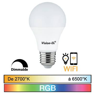 Ampoule LED E27 9W connectée WIFI CCT + RGB + blanc 2700K à 6500K